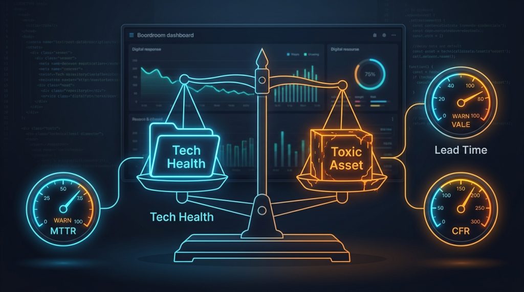 03-tech-debitotecnicocomekpi-4 - Tech 360 Neon balance scales comparing Tech Health (left) and Toxic Asset (right) on a dark dashboard backdrop.